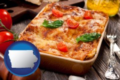 iowa map icon and an Italian restaurant entree