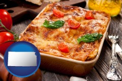 kansas map icon and an Italian restaurant entree