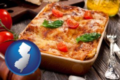 nj map icon and an Italian restaurant entree