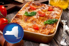 new-york map icon and an Italian restaurant entree