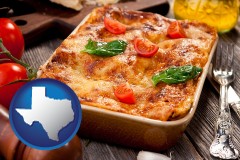texas map icon and an Italian restaurant entree