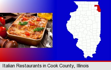 an Italian restaurant entree; Cook County highlighted in red on a map