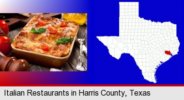 an Italian restaurant entree; Harris County highlighted in red on a map