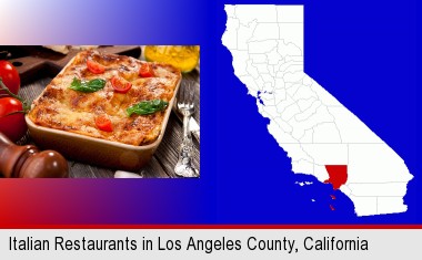 an Italian restaurant entree; Los Angeles County highlighted in red on a map