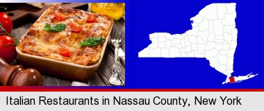an Italian restaurant entree; Nassau County highlighted in red on a map