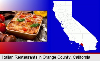 an Italian restaurant entree; Orange County highlighted in red on a map