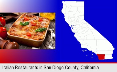an Italian restaurant entree; San Diego County highlighted in red on a map