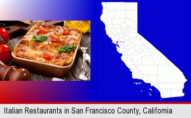 an Italian restaurant entree; San Francisco County highlighted in red on a map