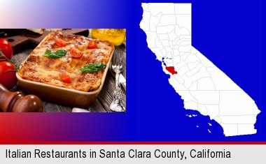an Italian restaurant entree; Santa Clara County highlighted in red on a map