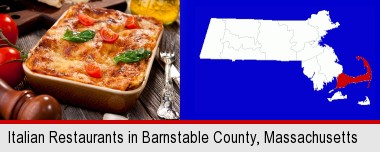 an Italian restaurant entree; Barnstable County highlighted in red on a map