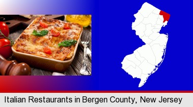 an Italian restaurant entree; Bergen County highlighted in red on a map