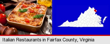 an Italian restaurant entree; Fairfax County highlighted in red on a map