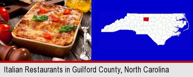 an Italian restaurant entree; Guilford County highlighted in red on a map