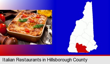 an Italian restaurant entree; Hillsborough County highlighted in red on a map