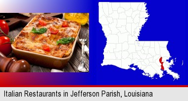 an Italian restaurant entree; Jefferson Parish highlighted in red on a map