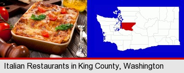 an Italian restaurant entree; King County highlighted in red on a map