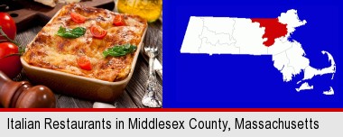 an Italian restaurant entree; Middlesex County highlighted in red on a map