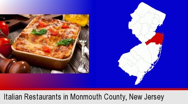 an Italian restaurant entree; Monmouth County highlighted in red on a map