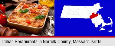 an Italian restaurant entree; Norfolk County highlighted in red on a map