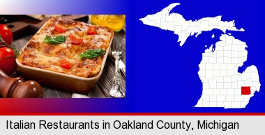 an Italian restaurant entree; Oakland County highlighted in red on a map