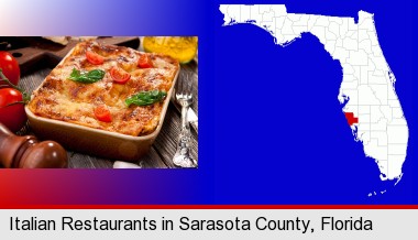 an Italian restaurant entree; Sarasota County highlighted in red on a map