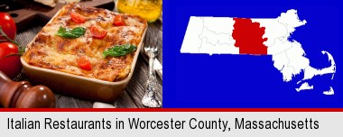 an Italian restaurant entree; Worcester County highlighted in red on a map